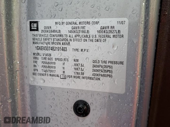 2008 GMC Acadia SLT2 with VIN 1GKEV33748J191403, listed as a Copart auction lot 47474875 with 161,103 mi miles and Salvage Title. Bid and sale history available at DreamBid. Image 13.