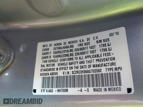 2010 Honda CR-V LX with VIN 3CZRE3H36AG702582, listed as a IAAI auction lot 42821101 with 271,156 mi miles and . Bid and sale history available at DreamBid. Image 9.