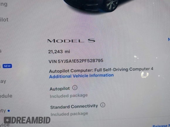 2023 Tesla Model S with VIN 5YJSA1E52PF528795, listed as a IAAI auction lot 42110660 with 21,243 mi miles and . Bid and sale history available at DreamBid. Image 7.