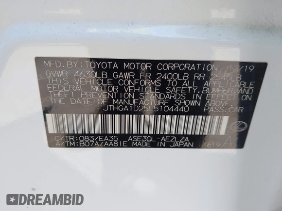 2020 Lexus IS 300 F Sport with VIN JTHGA1D25L5104440, listed as a IAAI auction lot 39757578 with 36,962 mi miles and . Bid and sale history available at DreamBid. Image 9.
