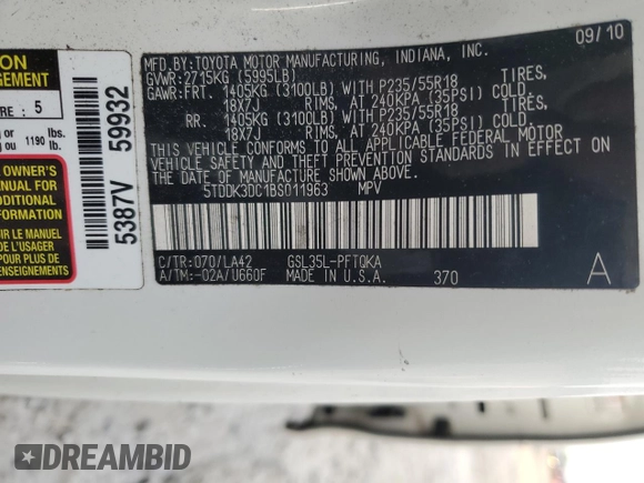 2011 Toyota Sienna XLE with VIN 5TDDK3DC1BS011963, listed as a Copart auction lot 54951565 with 196,868 mi miles and Salvage title. Bid and sale history available at DreamBid. Image 14.