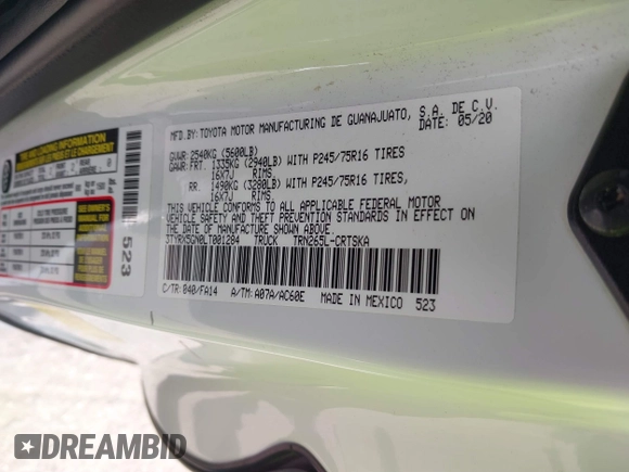 2020 Toyota Tacoma SR with VIN 3TYRX5GN0LT001284, listed as a IAAI auction lot 41888761 with 52,466 mi miles and . Bid and sale history available at DreamBid. Image 9.