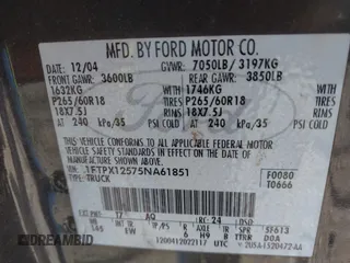 2005 Ford F-150 XLT with VIN 1FTPX12575NA61851, listed as a IAAI auction lot 41713974 with 251,639 mi miles. Bid and sale history available at carsss.com. Image 9.