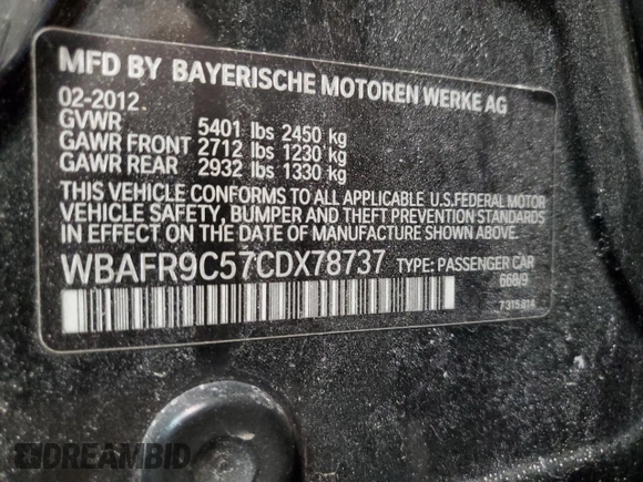 2012 BMW 5 Series 550i with VIN WBAFR9C57CDX78737, listed as a Copart auction lot 41994265 with 77,796 mi miles and Salvage Title. Bid and sale history available at carsss.com. Image 14.