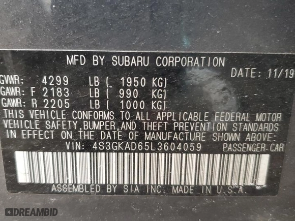 2020 Subaru Impreza Premium with VIN 4S3GKAD65L3604059, listed as a Copart auction lot 87608985 with 143,845 mi miles and Salvage Title. Bid and sale history available at carsss.com. Image 12.