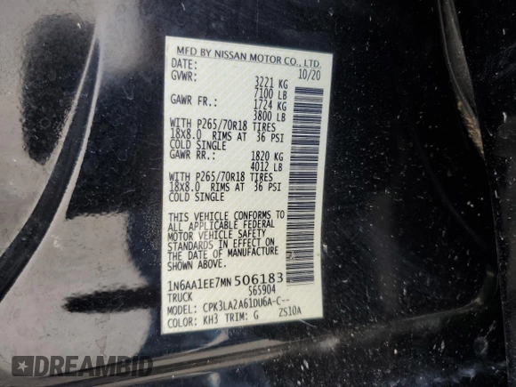 2021 Nissan Titan S z VIN 1N6AA1EE7MN506183, wystawiony jako Copart lot #72862354 z przebiegiem 52 764 mil mil oraz Szkoda całkowita • Salvage title. Historia ofert i sprzedaży dostępna na DreamBid. Obrazek 13.