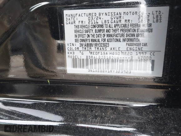 2024 Nissan Sentra S with VIN 3N1AB8BV1RY323923, listed as a IAAI auction lot 41393590 with 13,711 mi miles. Bid and sale history available at carsss.com. Image 9.