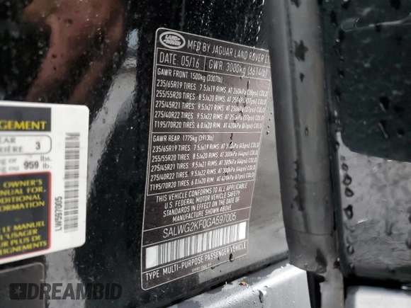 2016 Land Rover Range Rover Sport SE with VIN SALWG2KF0GA597005, listed as a Copart auction lot 52090965 with Not Provided miles and Salvage Title. Bid and sale history available at DreamBid. Image 15.