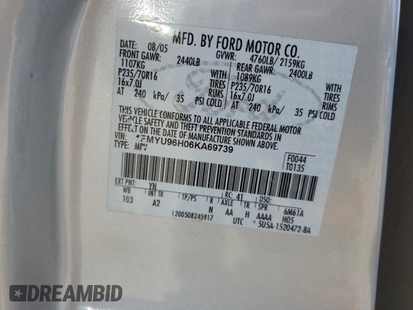 2006 Ford Escape Hybrid with VIN 1FMYU96H06KA69739, listed as a Copart auction lot 53856245 with 121,454 mi miles and Salvage title. Bid and sale history available at DreamBid. Image 13.