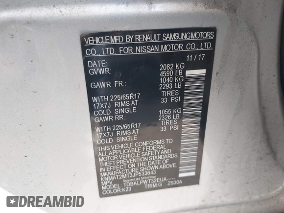 2018 Nissan Rogue S with VIN KNMAT2MT3JP533643, listed as a IAAI auction lot 41342339 with 156,925 mi miles. Bid and sale history available at carsss.com. Image 9.