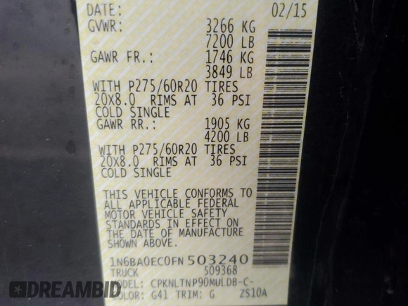 2015 Nissan Titan SV z VIN 1N6BA0EC0FN503240, wystawiony jako Copart lot #72539284 z przebiegiem 149 416 mil mil oraz Szkoda całkowita • Salvage title. Historia ofert i sprzedaży dostępna na DreamBid. Obrazek 14.