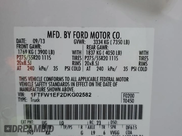 2013 Ford F-150 XL with VIN 1FTFW1EF2DKG02582, listed as a Copart auction lot 45927805 with 140,257 mi miles and Salvage Title. Bid and sale history available at carsss.com. Image 12.