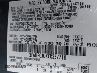 2012 Ford Fusion SEL with VIN 3FAHP0JGXCR357710, listed as a IAAI auction lot 41998851 with 204,213 mi miles. Bid and sale history available at carsss.com. Image 9.