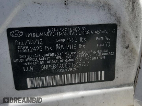 2013 Hyundai Sonata GLS with VIN 5NPEB4AC8DH659727, listed as a Copart auction lot 54721785 with 111,606 mi miles and Salvage Title. Bid and sale history available at carsss.com. Image 12.