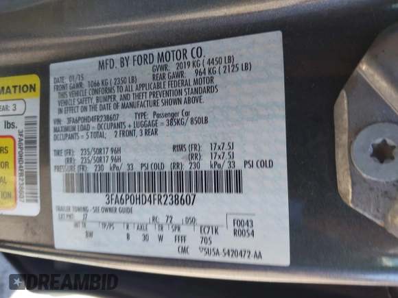 2015 Ford Fusion SE with VIN 3FA6P0HD4FR238607, listed as a IAAI auction lot 42685572 with 132,843 mi miles and . Bid and sale history available at DreamBid. Image 9.