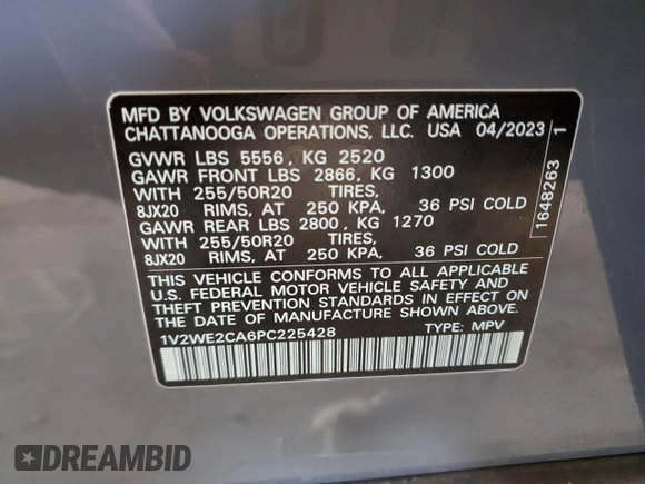 2023 Volkswagen Atlas SE with VIN 1V2WE2CA6PC225428, listed as a Copart auction lot 55098805 with 43,309 mi miles and Salvage title. Bid and sale history available at DreamBid. Image 13.