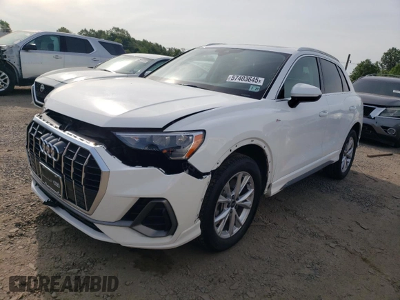 2022 Audi Q3 S line Premium with VIN WA1DECF36N1129233, listed as a Copart auction lot 57403645 with 27,837 mi miles and Salvage title. Bid and sale history available at DreamBid. Image 1.