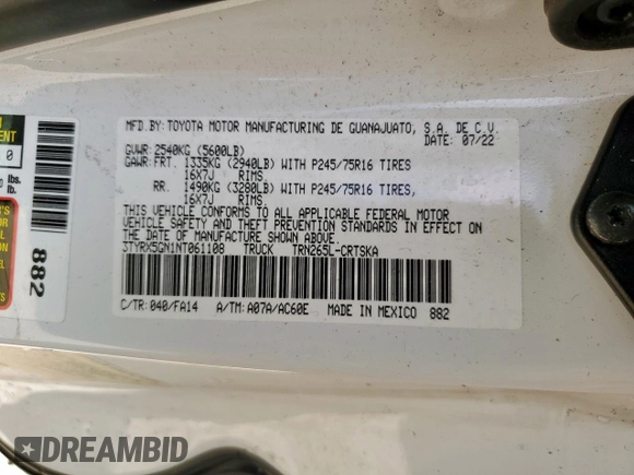 2022 Toyota Tacoma SR with VIN 3TYRX5GN1NT061108, listed as a Copart auction lot 60813125 with 68,156 mi miles and Clean title. Bid and sale history available at DreamBid. Image 12.