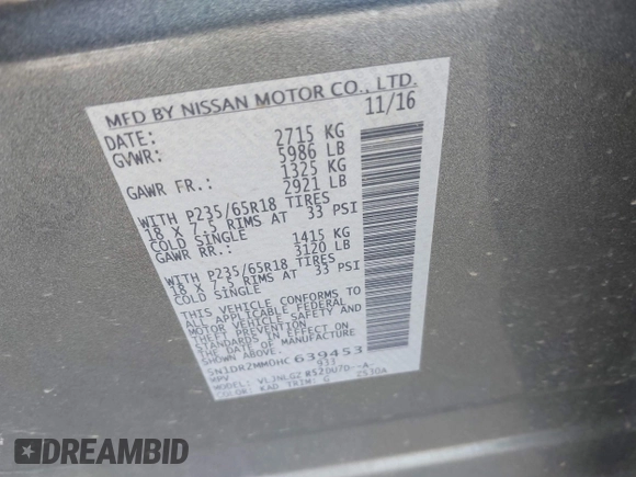 2017 Nissan Pathfinder SL with VIN 5N1DR2MM0HC639453, listed as a IAAI auction lot 41962009 with 156,776 mi miles. Bid and sale history available at carsss.com. Image 9.