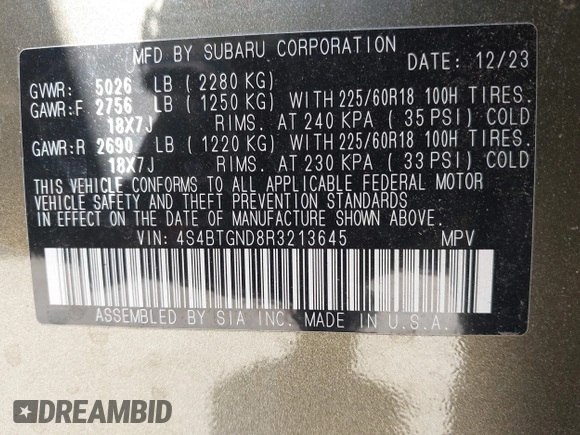 2024 Subaru Outback Limited XT z VIN 4S4BTGND8R3213645, wystawiony jako IAAI lot #41974558 z przebiegiem 6 982 mil mil oraz . Historia ofert i sprzedaży dostępna na DreamBid. Obrazek 9.