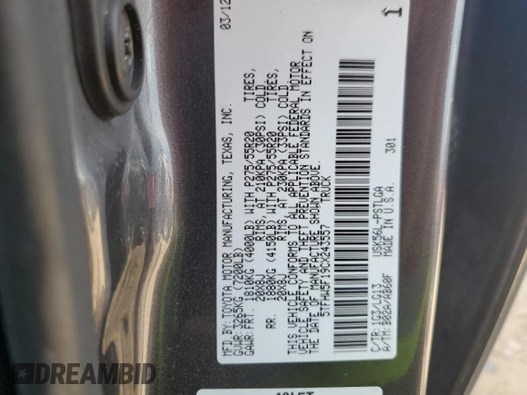 2012 Toyota Tundra 4WD Truck LTD with VIN 5TFHW5F19CX243557, listed as a Copart auction lot 46826515 with 106,924 mi miles and Salvage Title. Bid and sale history available at carsss.com. Image 12.