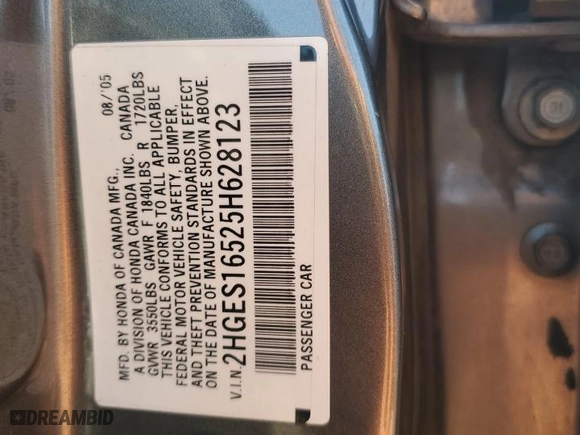 2005 Honda Civic Sdn LX with VIN 2HGES16525H628123, listed as a Copart auction lot 52531605 with 175,539 mi miles and Salvage Title. Bid and sale history available at carsss.com. Image 12.