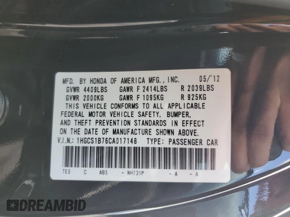 2012 Honda Accord EX z VIN 1HGCS1B76CA017148, wystawiony jako Copart lot #43445945 z przebiegiem 116 976 mil mil oraz Szkoda całkowita • Salvage title. Historia ofert i sprzedaży dostępna na DreamBid. Obrazek 12.
