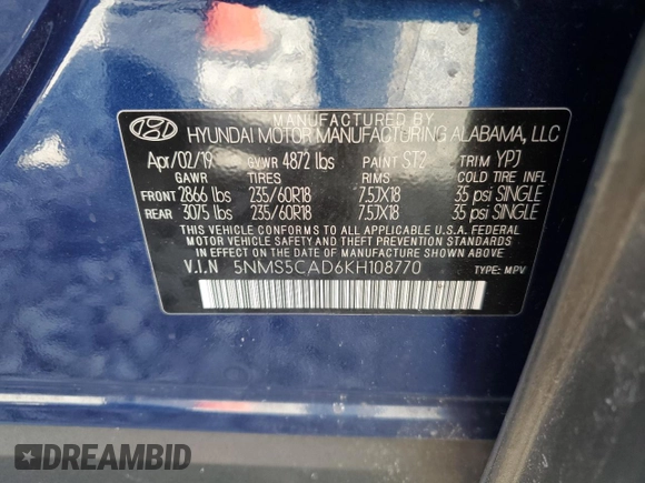 2019 Hyundai Santa Fe Limited with VIN 5NMS5CAD6KH108770, listed as a Copart auction lot 52337695 with 115,738 mi miles and Salvage Title. Bid and sale history available at carsss.com. Image 13.