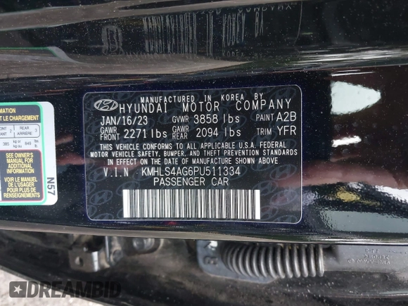 2023 Hyundai Elantra SEL with VIN KMHLS4AG6PU511334, listed as a IAAI auction lot 42281427 with 54,313 mi miles and . Bid and sale history available at DreamBid. Image 9.