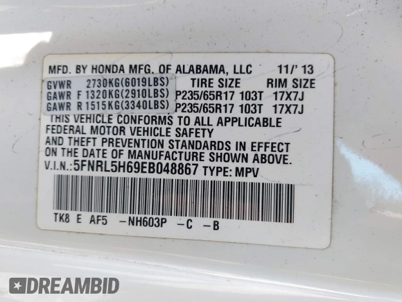 2014 Honda Odyssey EX-L with VIN 5FNRL5H69EB048867, listed as a IAAI auction lot 42190464 with 172,487 mi miles and . Bid and sale history available at carsss.com. Image 9.