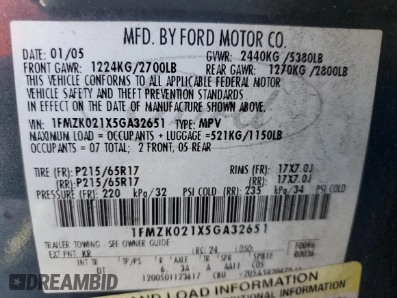 2005 Ford Freestyle SEL with VIN 1FMZK021X5GA32651, listed as a Copart auction lot 62632635 with Not provided miles and Salvage title. Bid and sale history available at DreamBid. Image 14.