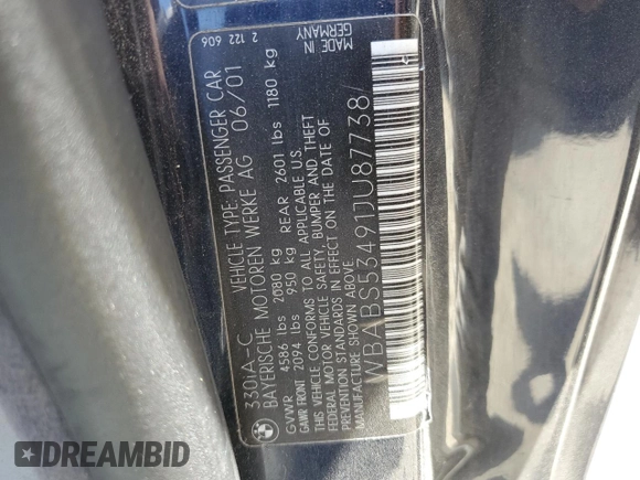 2001 BMW 3 Series 330Ci z VIN WBABS53491JU87738, wystawiony jako Copart lot #59233045 z przebiegiem 134 675 mil mil oraz Szkoda całkowita • Salvage title. Historia ofert i sprzedaży dostępna na DreamBid. Obrazek 12.
