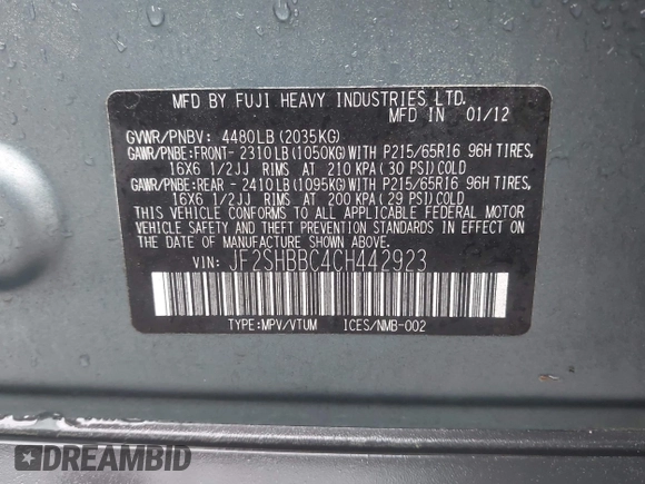 2012 Subaru Forester X with VIN JF2SHBBC4CH442923, listed as a IAAI auction lot 41974351 with 115,776 mi miles and . Bid and sale history available at DreamBid. Image 9.