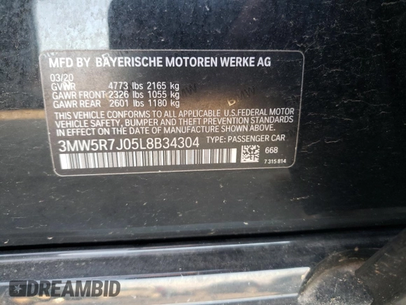 2020 BMW 3 Series 330i xDrive with VIN 3MW5R7J05L8B34304, listed as a Copart auction lot 47511193 with 15,080 mi miles and . Bid and sale history available at DreamBid. Image 14.