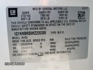 2017 Cadillac XT5 Luxury FWD with VIN 1GYKNBRS8HZ235385, listed as a Copart auction lot 55817055 with 29,590 mi miles and Salvage Title. Bid and sale history available at DreamBid. Image 13.