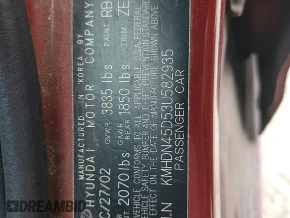2003 Hyundai Elantra GLS z VIN KMHDN45D53U582935, wystawiony jako Copart lot #47753805 z przebiegiem 215 028 mil mil oraz Szkoda całkowita • Salvage title. Historia ofert i sprzedaży dostępna na DreamBid. Obrazek 12.