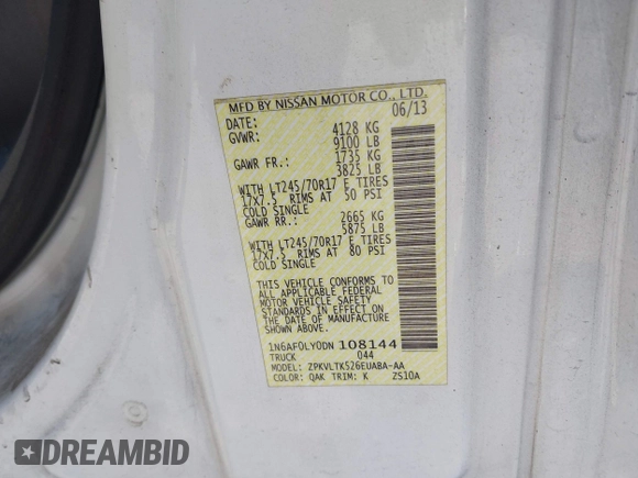 2013 Nissan NV SV с VIN 1N6AF0LY0DN108144, выставлен на аукционе IAAI как лот 42701590 с пробегом 180 895 миль миль и . История ставок и продаж доступна на DreamBid. Изображение 9.