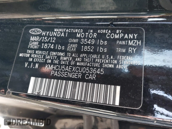 2012 Hyundai Accent SE with VIN KMHCU5AEXCU053645, listed as a IAAI auction lot 41407582 with 118,290 mi miles. Bid and sale history available at carsss.com. Image 9.