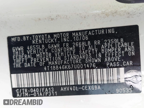 2007 Toyota Camry with VIN 4T1BB46K67U001476, listed as a IAAI auction lot 42510222 with 220,119 mi miles and . Bid and sale history available at DreamBid. Image 9.