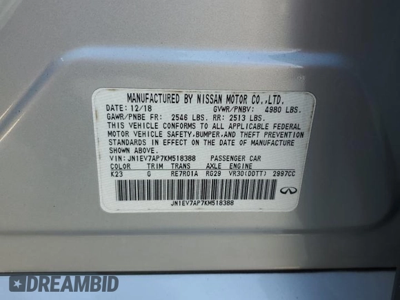 2019 Infiniti Q50 Signature Edition with VIN JN1EV7AP7KM518388, listed as a Copart auction lot 49925335 with 78,458 mi miles and Salvage Title. Bid and sale history available at DreamBid. Image 12.