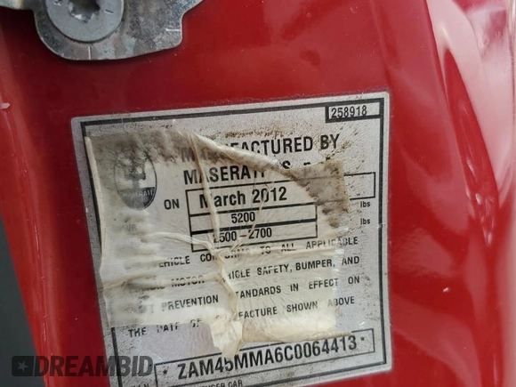 2012 Maserati GranTurismo Sport with VIN ZAM45MMA6C0064413, listed as a Copart auction lot 75126704 with Not provided miles and Salvage title. Bid and sale history available at DreamBid. Image 12.