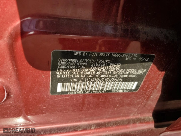 2012 Subaru Impreza Sedan 2.0i Limited with VIN JF1GJAH62CH028565, listed as a Copart auction lot 44630045 with 166,165 mi miles and Salvage Title. Bid and sale history available at carsss.com. Image 12.