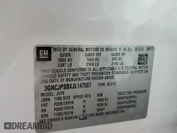 2018 Chevrolet Trax LT with VIN 3GNCJPSBXJL147567, listed as a Copart auction lot 46701695 with 60,943 mi miles and Salvage Title. Bid and sale history available at carsss.com. Image 14.