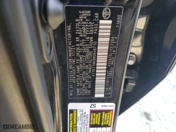 2022 Toyota Camry SE with VIN 4T1G11AK8NU646710, listed as a Copart auction lot 69475624 with 43,374 mi miles and Salvage Title. Bid and sale history available at carsss.com. Image 12.