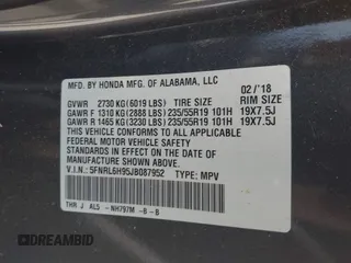 2018 Honda Odyssey Elite with VIN 5FNRL6H95JB087952, listed as a IAAI auction lot 42579817 with 96,577 mi miles and . Bid and sale history available at DreamBid. Image 9.