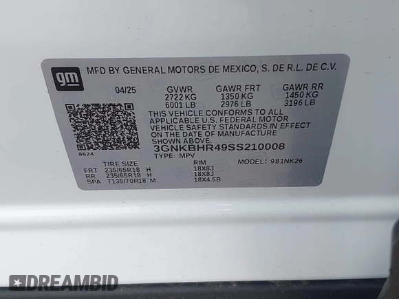 2025 Chevrolet Blazer LT с VIN 3GNKBHR49SS210008, выставлен на аукционе IAAI как лот 42567029 с пробегом 125 миль миль и . История ставок и продаж доступна на DreamBid. Изображение 9.
