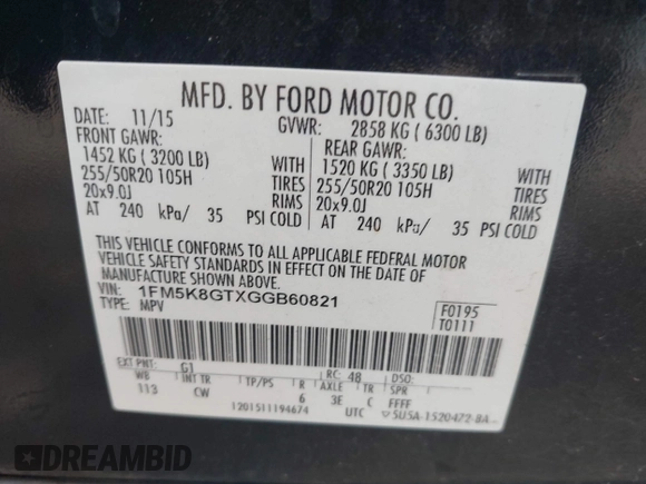 2016 Ford Explorer Sport with VIN 1FM5K8GTXGGB60821, listed as a IAAI auction lot 42690049 with 192,087 mi miles and . Bid and sale history available at DreamBid. Image 9.