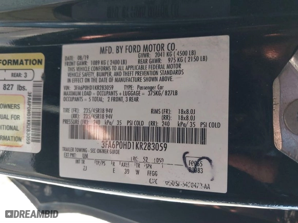 2019 Ford Fusion SE with VIN 3FA6P0HD1KR283059, listed as a IAAI auction lot 41566237 with 98,864 mi miles. Bid and sale history available at carsss.com. Image 9.