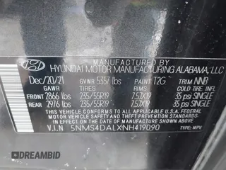 2022 Hyundai Santa Fe Limited with VIN 5NMS4DALXNH419090, listed as a IAAI auction lot 41545294 with 15,402 mi miles. Bid and sale history available at carsss.com. Image 9.