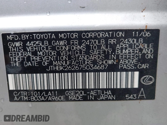 2007 Lexus IS 250 z VIN JTHBK262675034687, wystawiony jako IAAI lot #42211144 z przebiegiem 185 706 mil mil oraz . Historia ofert i sprzedaży dostępna na DreamBid. Obrazek 9.